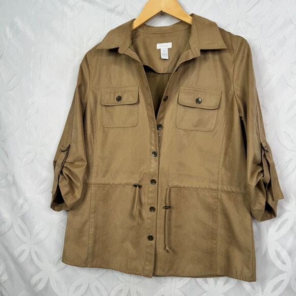 Chicos Pebbled Touch Liam Jacket Tan 3/4 Sleeve Adjustable Waist Size 1 Medium - Picture 2 of 6